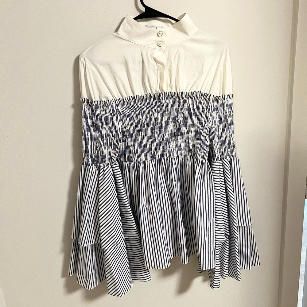 Caroline Constas Ali Layered Striped Smocked Blouse with Bell Sleeves size L - Picture 3 of 11